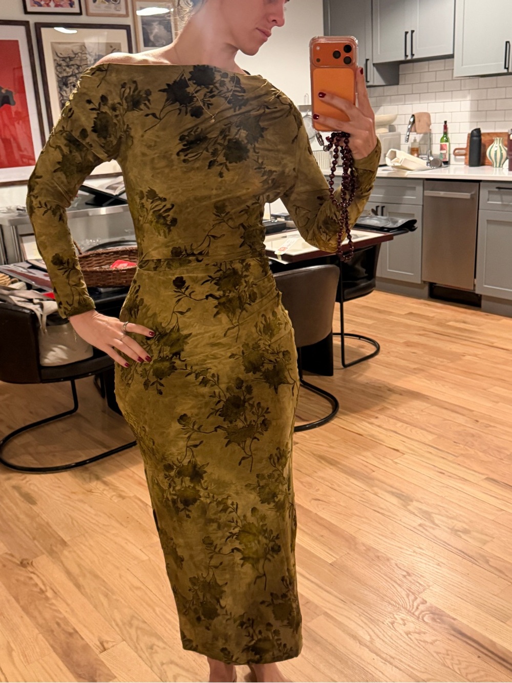 Zara Olive Green Floral Off Shoulder Draped Maxi Dress